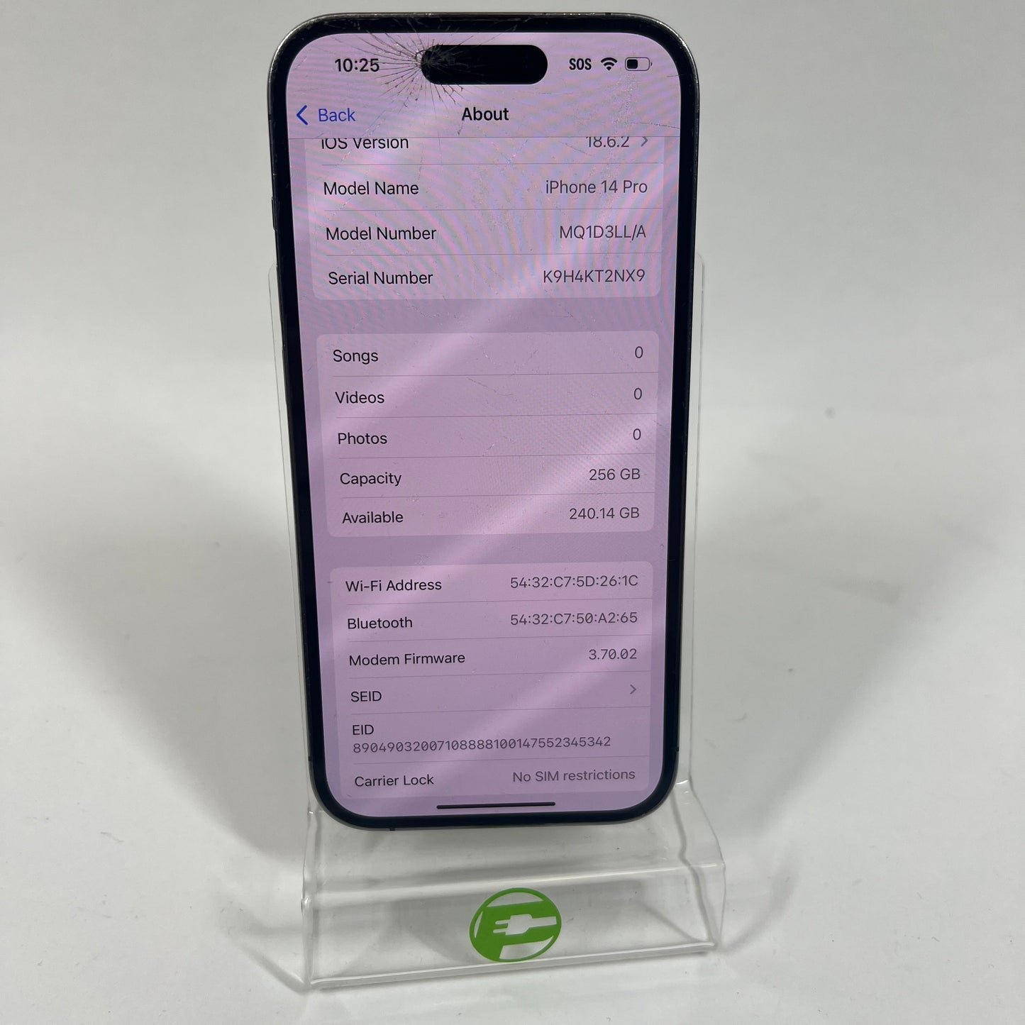 Broken Unlocked Apple iPhone 14 Pro 256GB 18.6.2 MQ1D3LL/A Cracked Screen